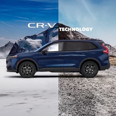 2027 Honda CR-V in Canyon River Blue Metallic profile parked in snow and mountain terrain (Compact Crossover SUV).